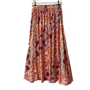 White Birch Boho Patchwork Maxi Skirt Women M Coral Red Paisley Elastic Waist
